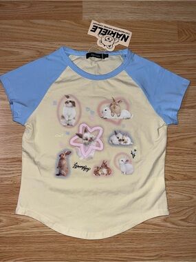 Girls' Yellow & Light Blue Bunny Print Cropped Tee